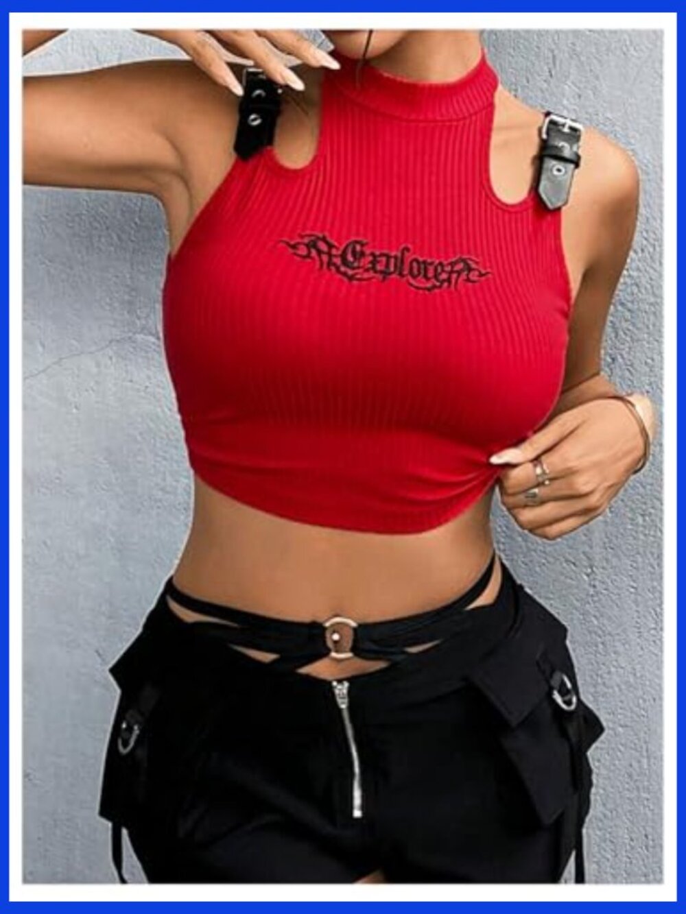 Y2K Buckle Strap Crop Tank Letter Print Sleeveless Ribbed Knit Clubwear Top - Picture 3 of 5